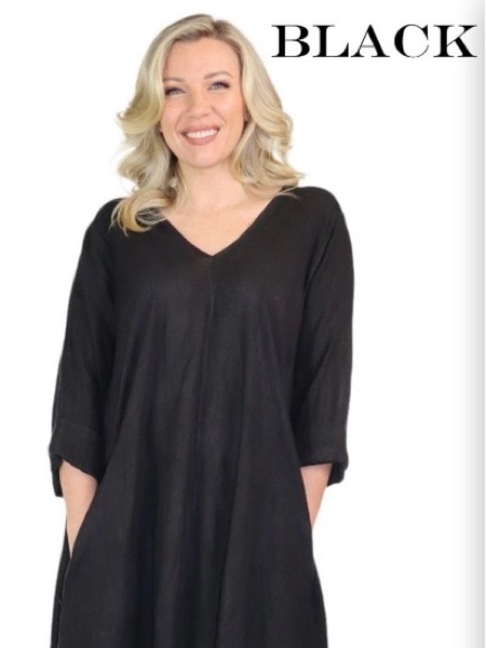 Black linen V-neck dress